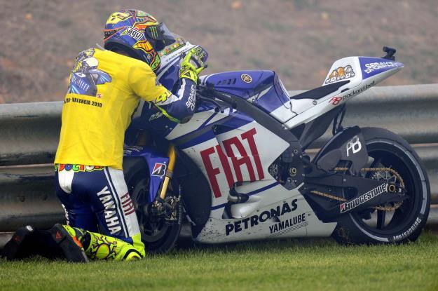 Rossi after winning the 2010 Malaysian GP aboard his beloved 800cc four-stroke Yamaha YZR-M1.